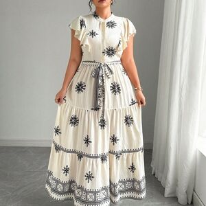 Cream Maxi Dress with Black Floral Design